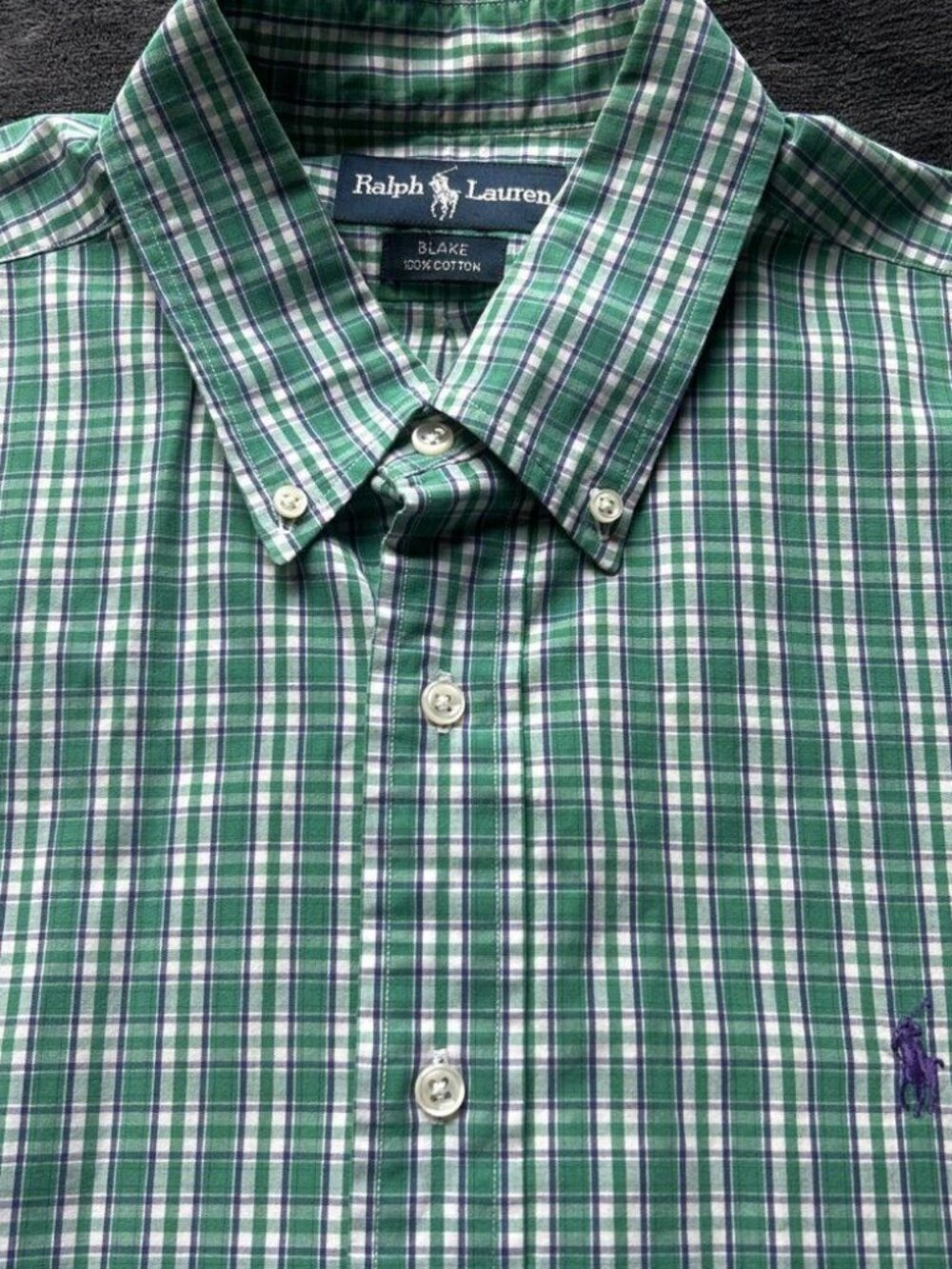 Ralph Lauren Shirt Mens Size Large BLAKE Short Sleeve Green Plaid 100% Cotton